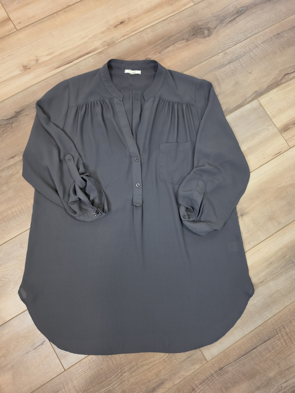 Pleione Slate Gray Split-Neck Blouse with Roll-Tab Sleeves